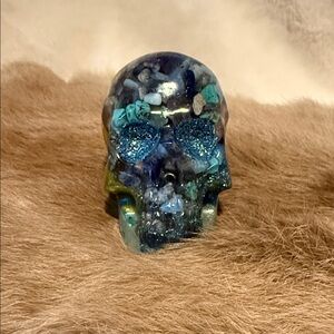Blue and Green 3” Resin Skull Art Piece with natural gem stone
